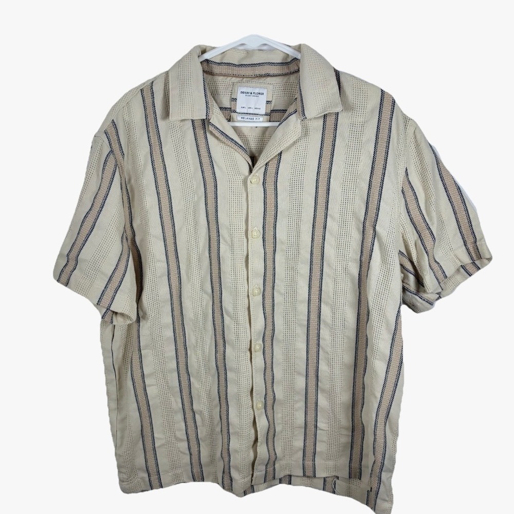 NWT Denim & Flower Striped Camp Shirt Tan Men L Jacquard Hipster Beachy NEW